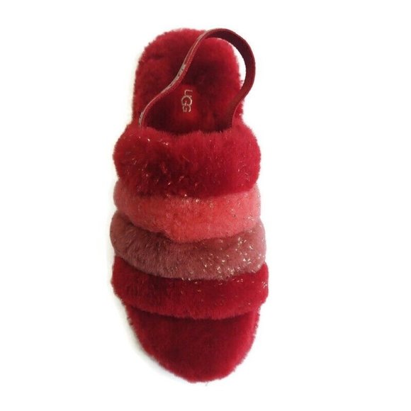 UGG Womens Size 6 Fluff Yeah Metallic Sparkle Slide Backstrap Slippers Red Multi - Picture 2 of 8